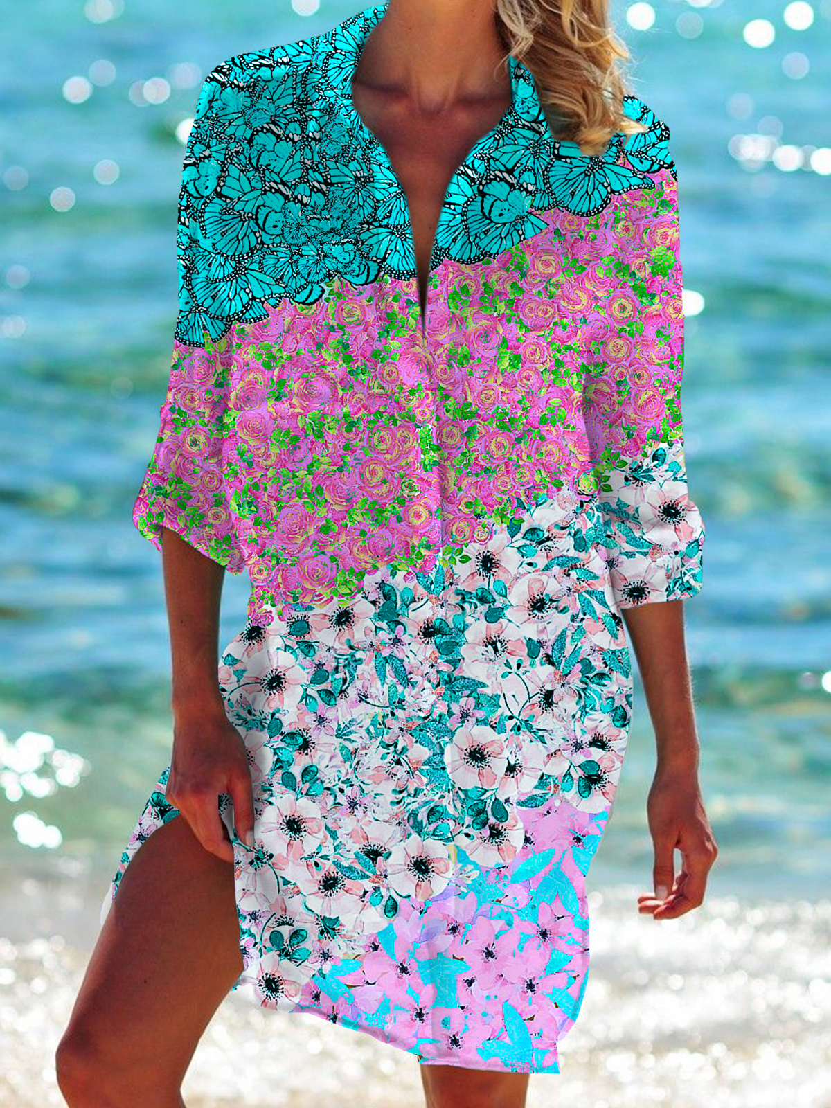Bohemian Collage Floral Print Long Sleeve Beach Shirt Dress