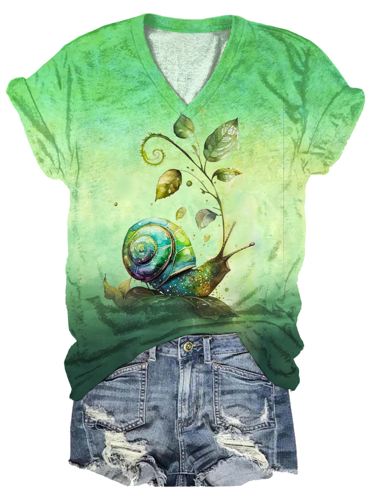 Gradient Watercolor Snail Art V-neck T-Shirt