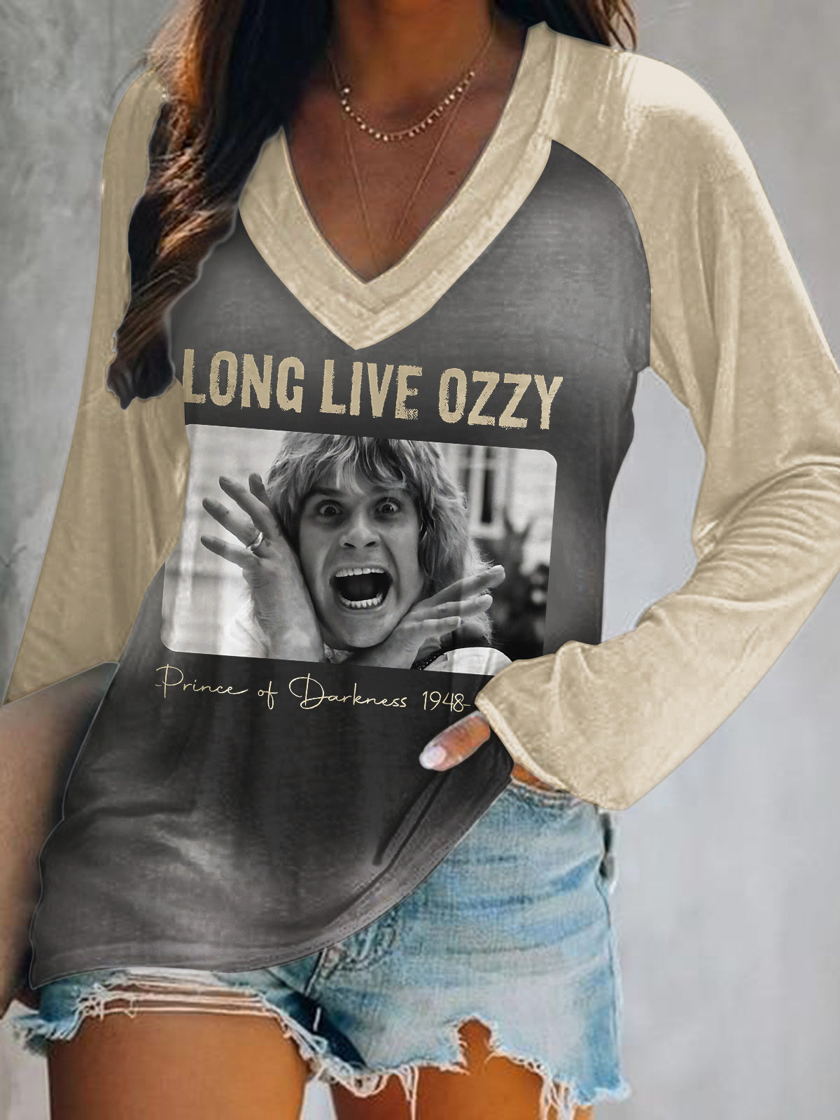 Ozzy Osbourne Print V-Neck Long Sleeve Top