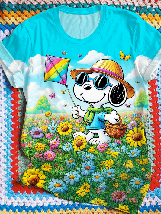 Fun Holiday Flower Sea Snoopy Flying Kite Crew Neck T-shirt