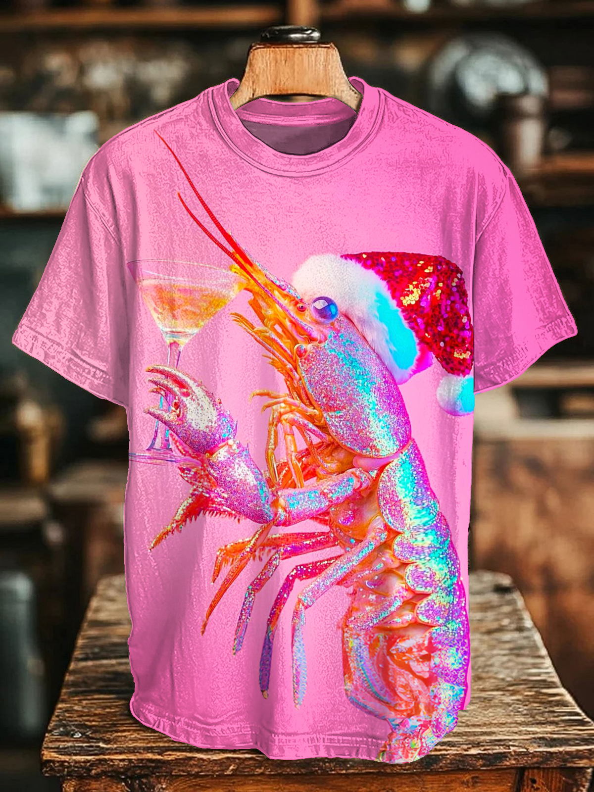 Glitter Disco Shrimp Raising a Glass Crew Neck T-shirt