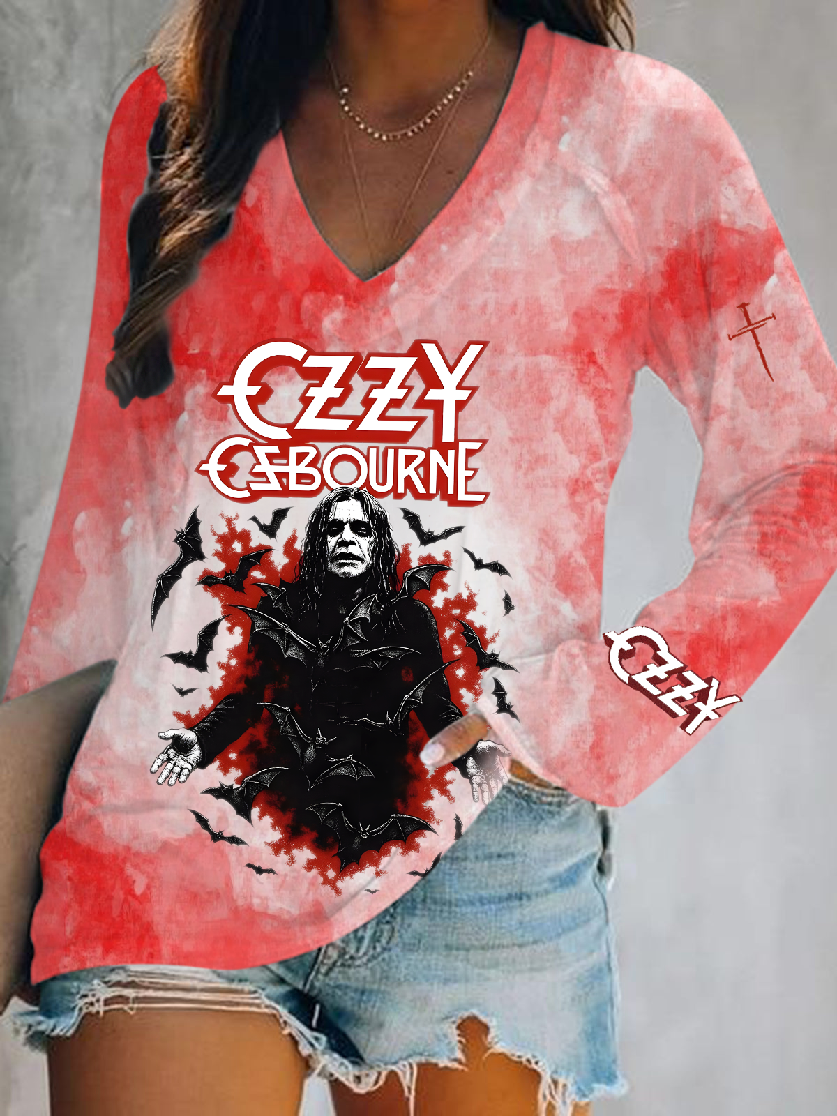 Ozzy Osbourne Prince of Darkness Print V-Neck Long Sleeve Top