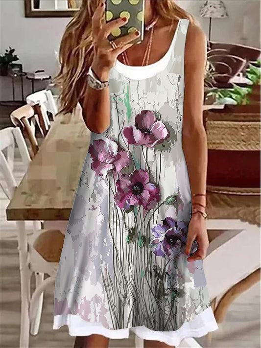 Vintage Purple Flower Ladies False Two Dress