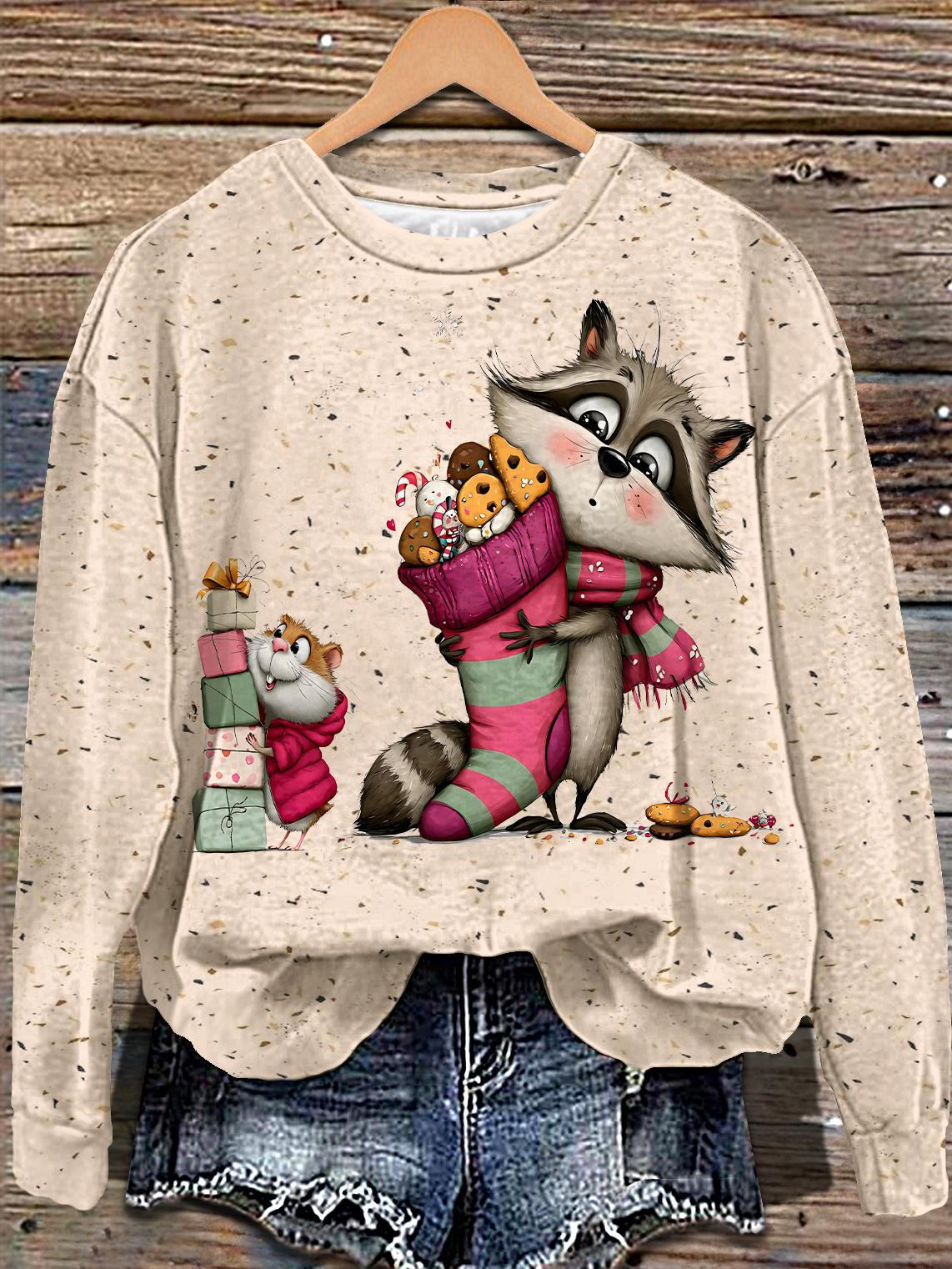 Christmas Raccoon Printed Long Sleeve Casual Top
