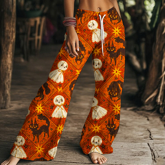 Women's Vintage Halloween Spooky Black Cat Drawstring Wide-Leg Pants