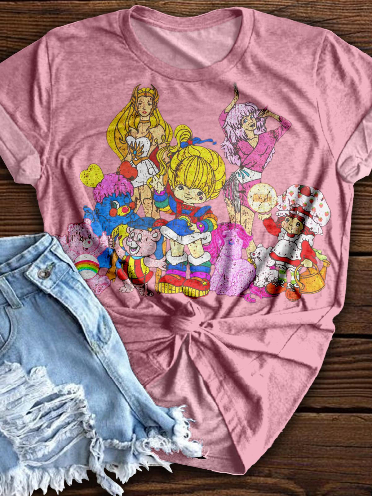 Vintage Anime Characters Pattern Crew Neck T-shirt