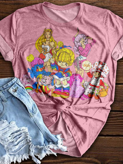 Vintage Anime Characters Pattern Crew Neck T-shirt