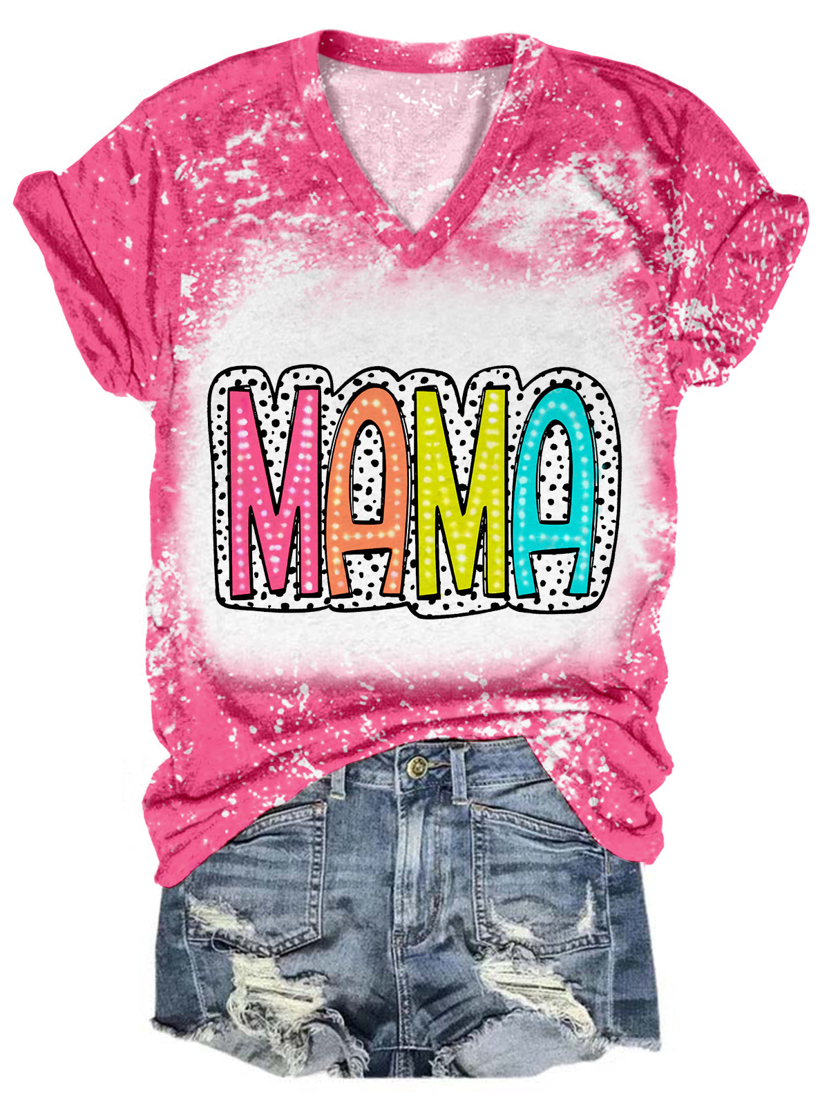 Bright Doodle MAMA Print V-Neck Tie Dye T-Shirt