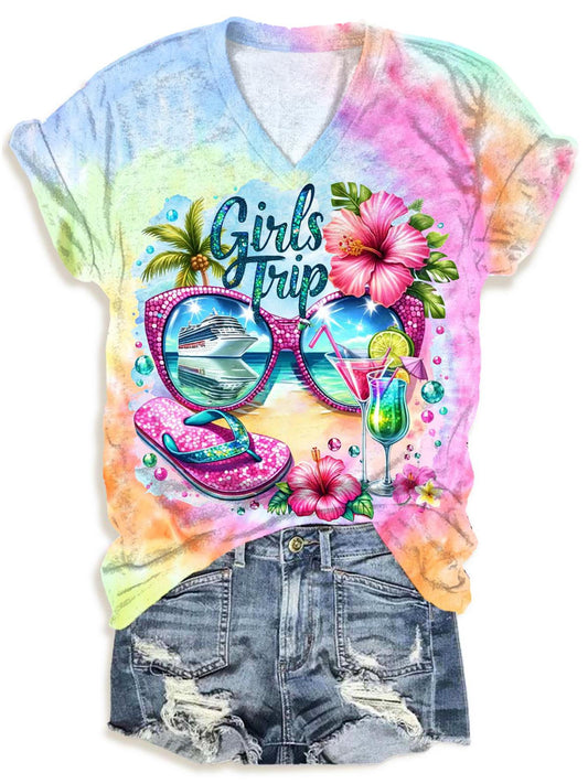 Summer Sisters Travel Vacation Printed V-neck T-Shirt