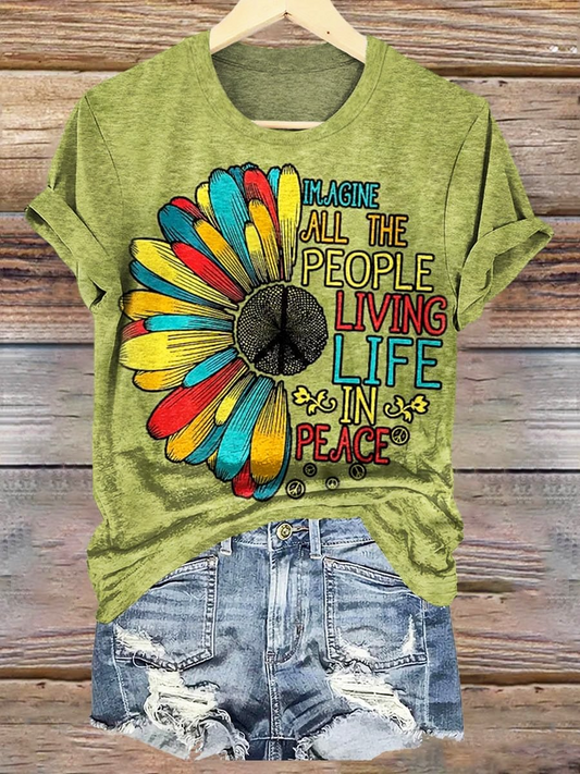 Hippie Love Peace Daisy Art Crew Neck T-shirt
