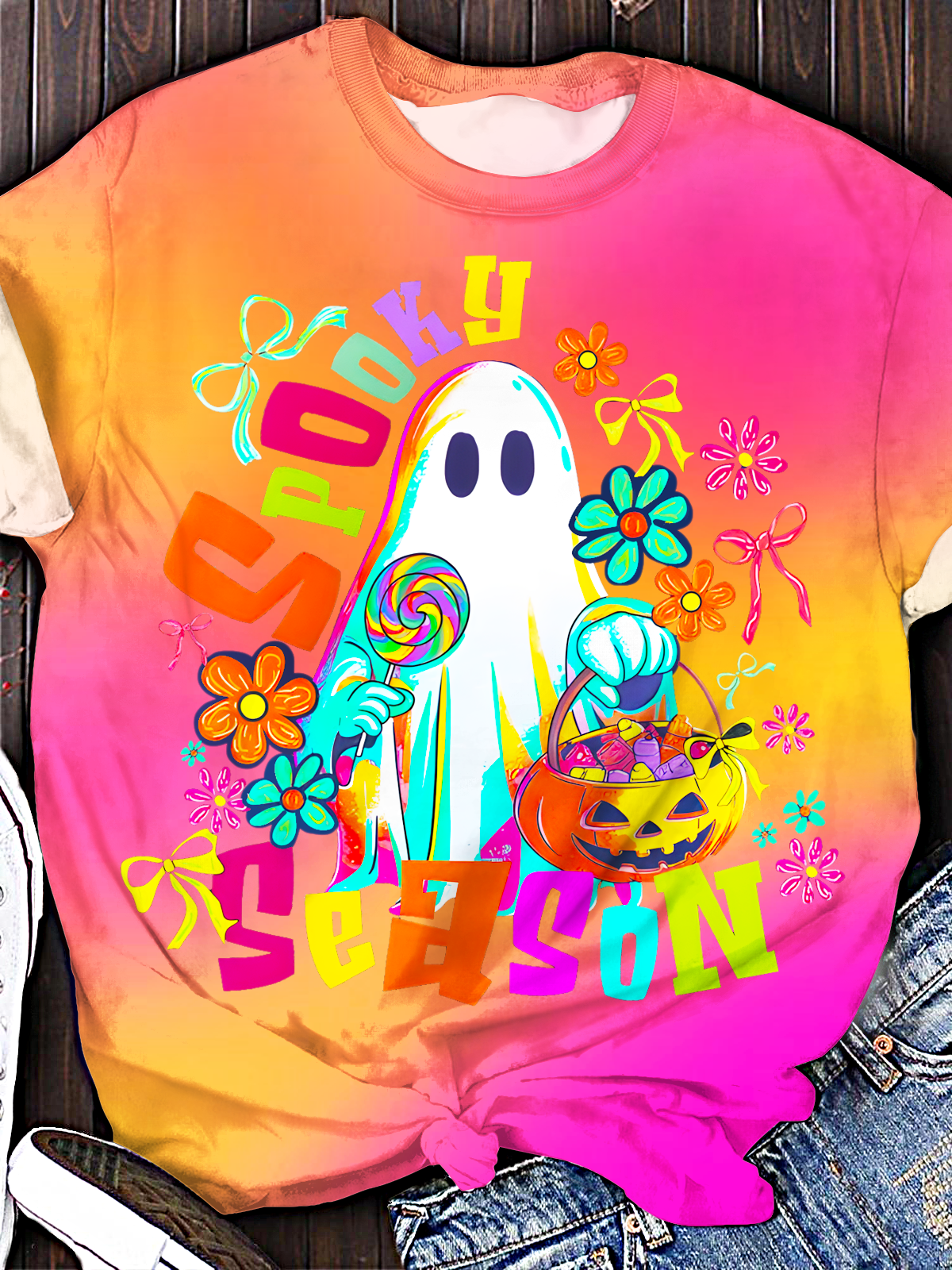 Tie Dye Halloween Pumpkin Ghost Crew Neck T-shirt