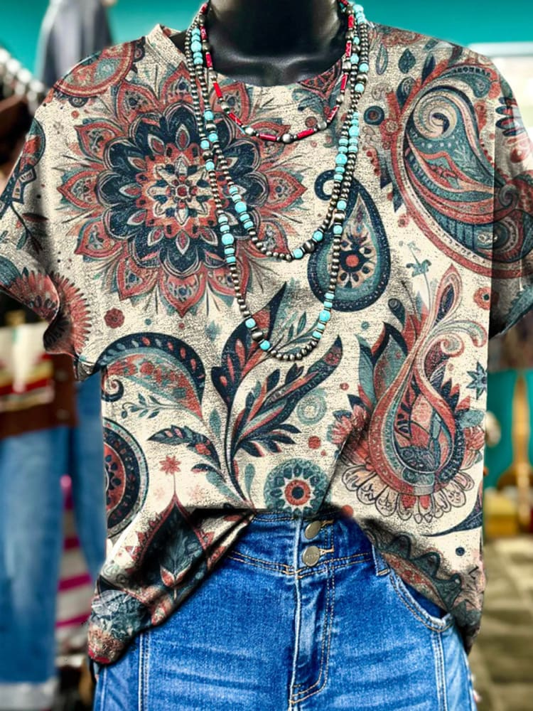 Retro Western Paisley Floral Crew Neck T-shirt