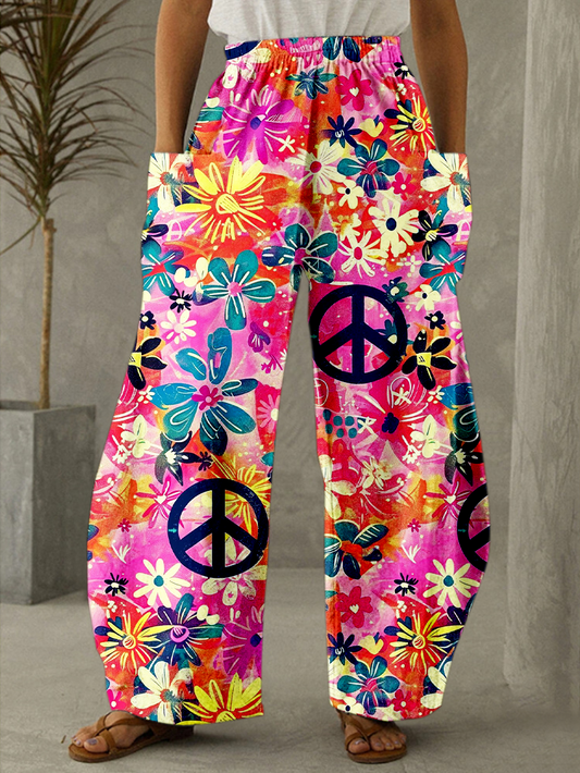 Vintage Floral Hippie Art Print Casual Pants