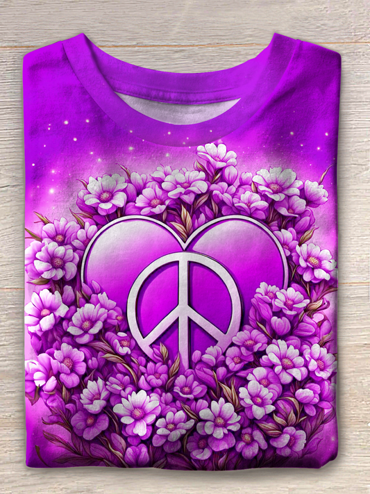 Gradient Purple Floral Hippie Peace Love Crew Neck T-shirt
