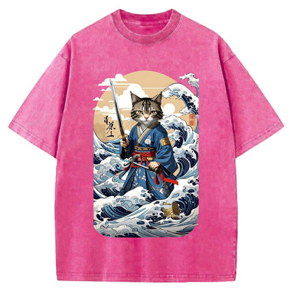 日本のサムライキャットウォッシュクルーネックTシャツ