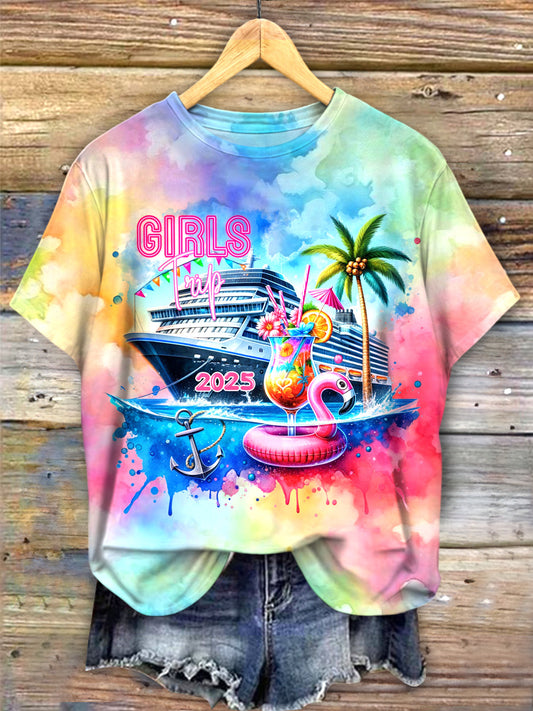 ガールズトリップ 2025 クルーズ 水彩プリント クルーネック Tシャツ