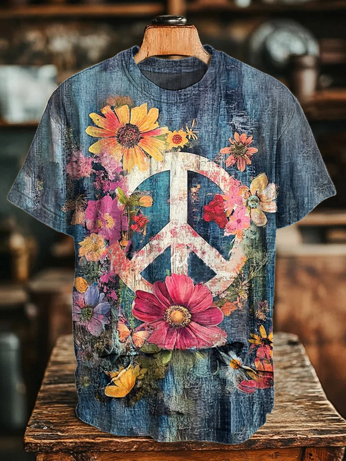 ヴィンテージフローラルヒッピーアートクルーネックTシャツ