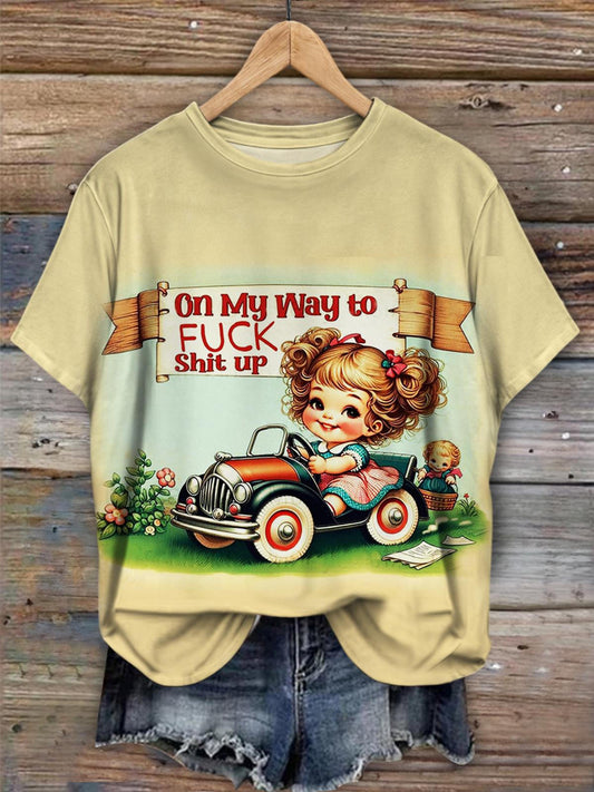 Vintage Mädchen bedrucktes T-Shirt mit Rundhalsausschnitt 