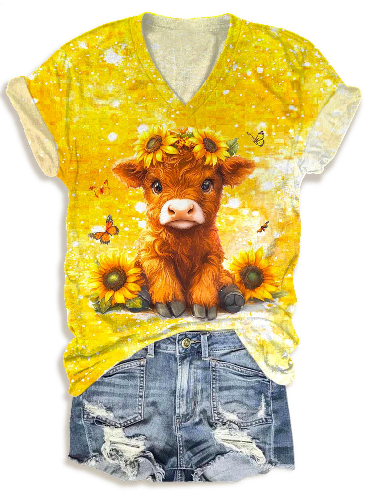 レトロなひまわり柄のかわいいハイランド牛VネックTシャツ