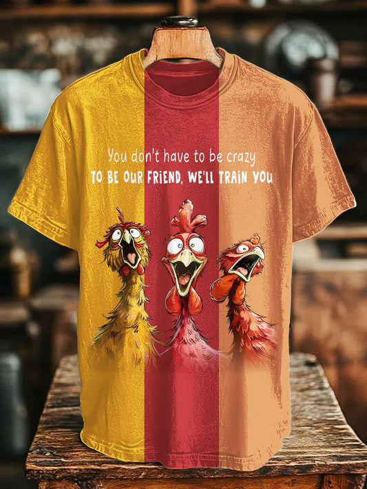 Fun Color Contrasting Chicken Print Crew Neck T-shirt