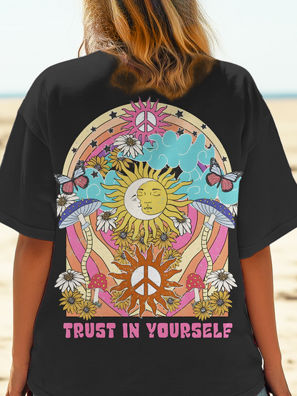 Vintage Sun Peace Hippie Art Crew Neck T-shirt