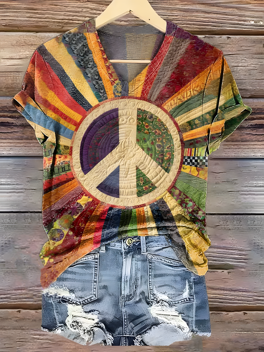 Peace Sign Floral V-neck T-Shirt