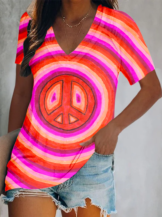 Pink Tie-Dye Hippie Peace Sign Short Sleeve V Neck Print Top