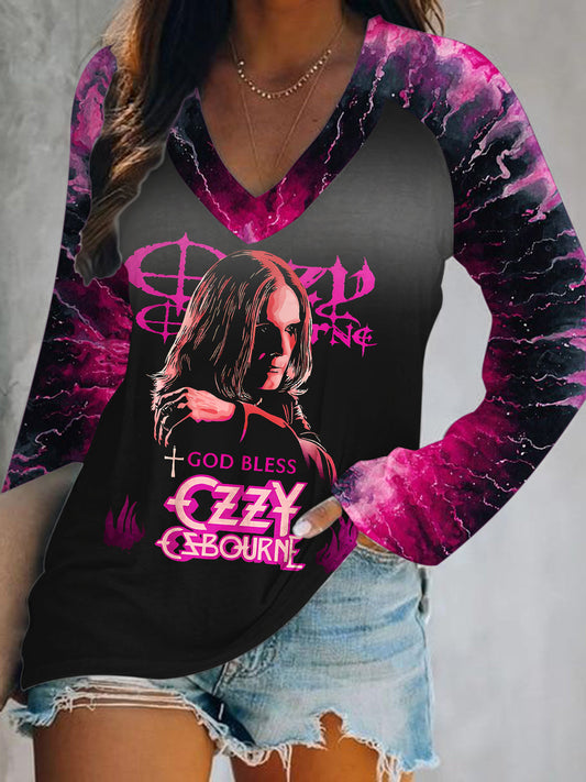 Ozzy Osbourne Print V-Neck Long Sleeve Top