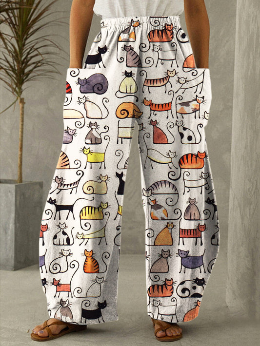 Vintage Cat Stick Figures Print Casual Pants