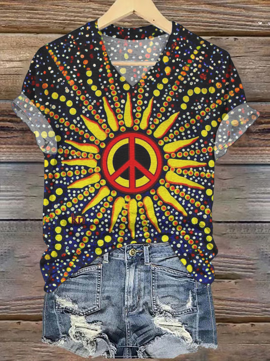 Retro Hippie Sun Flower Peace Sign Love and Peace V-neck T-Shirt