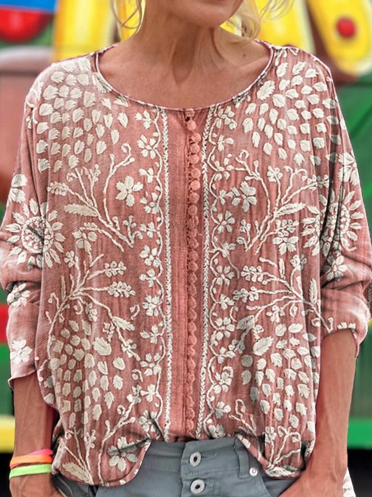 Vintage Ethnic Floral Art Art Dropped Shoulders Long Sleeves T-shirt