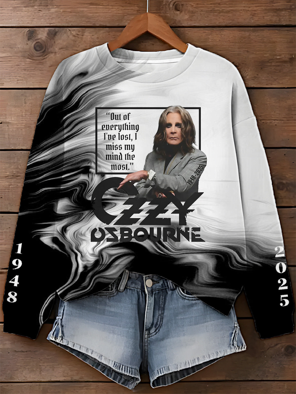 Ozzy Osbourne Black and White Art Printed Long Sleeve Casual Top
