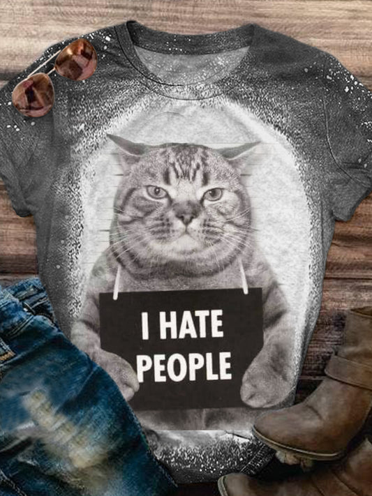 Funny Cat Print Crew Neck T-shirt