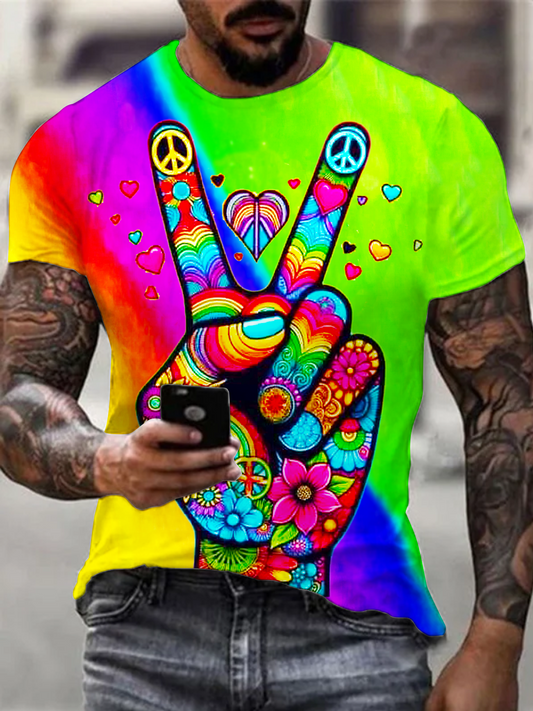 Colorful Hippie Oeace Hands Round Neck Short Sleeve Men's T-shirt
