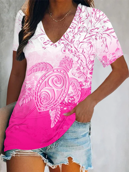 Gradient Beach Atmosphere Floral Turtle Art Short Sleeve V Neck Print Top