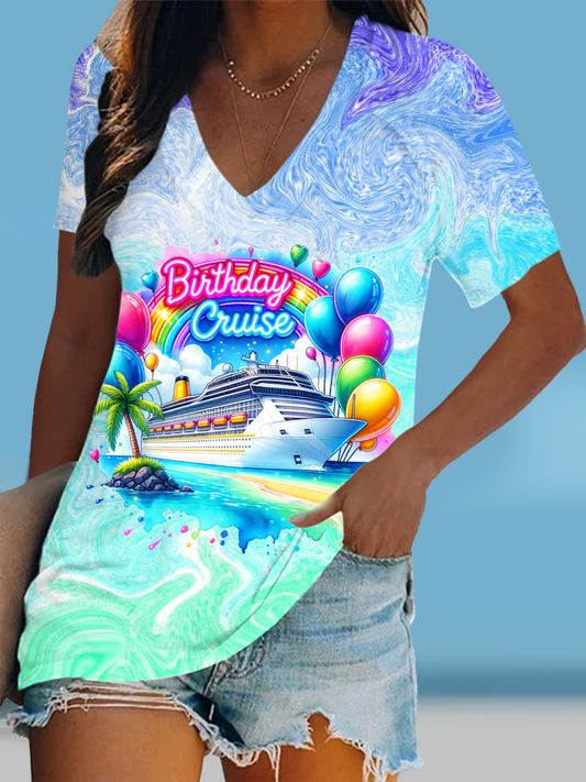 Tie-dye Colorful Neon Birthday Cruise Short Sleeve V Neck Print Top