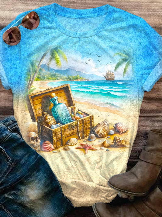 Retro Beach Vacation Printed Crew Neck T-shirt