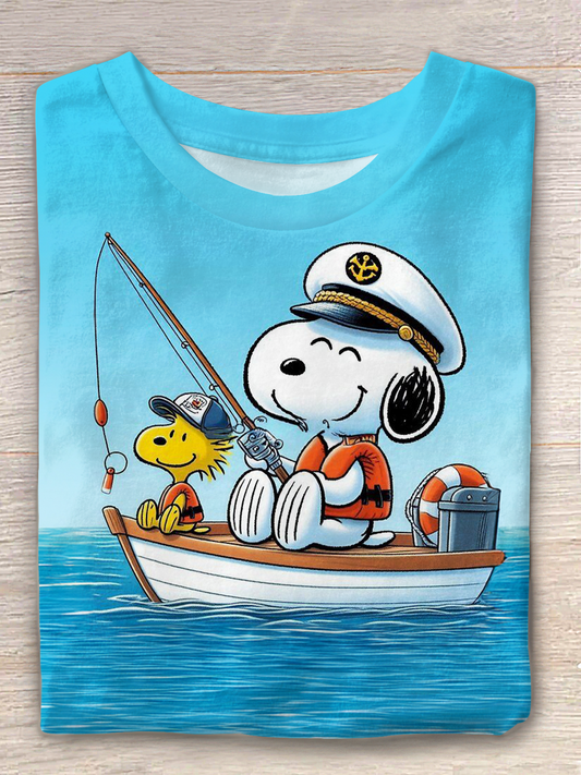 Fun Vacation Snoopy Fishing Crew Neck T-shirt