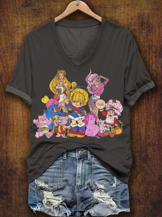 Vintage 80er Cartoon V-Ausschnitt Kurzarm T-Shirt 