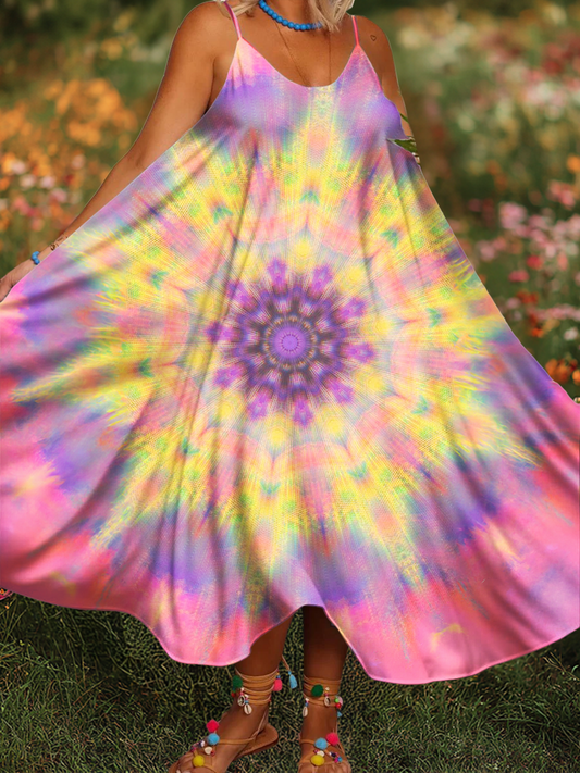 Women's Tie-Dye Gradient Kaleidoscope Art Printed Casual Spaghetti Strap Dress
