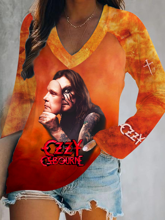 Ozzy Osbourne Band Print V-Neck Long Sleeve Top