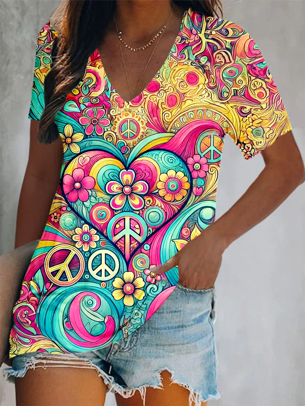 Vintage Floral Hippie Peace Love Short Sleeve V Neck Print Top
