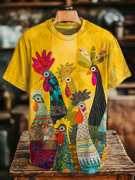 Vintage Bohemian Patchwork Floral Chicken Art Crew Neck T-shirt
