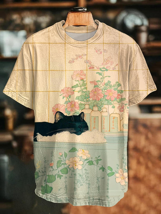 Retro Kitten And Flowers Printed Crew Neck T-shirt