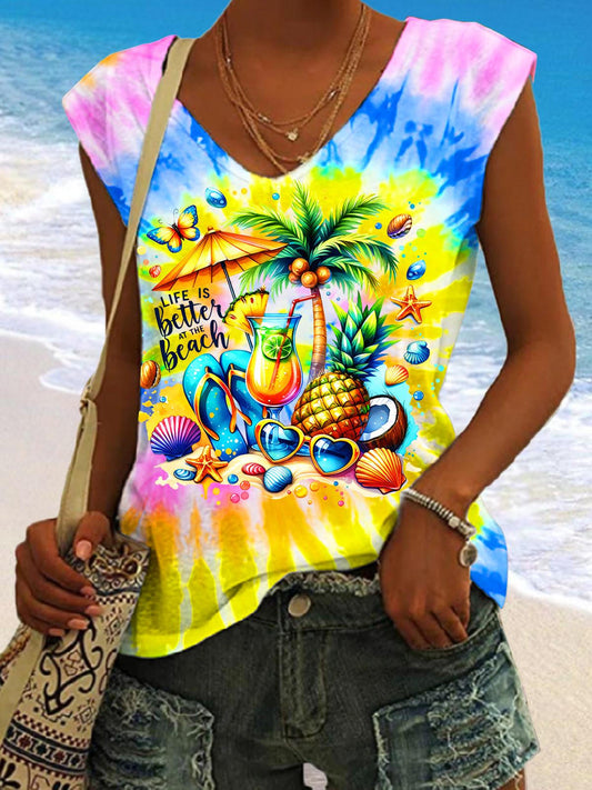 Life Is Better on A Cruise Tie Dye Printed V-neck Sleeveless Top