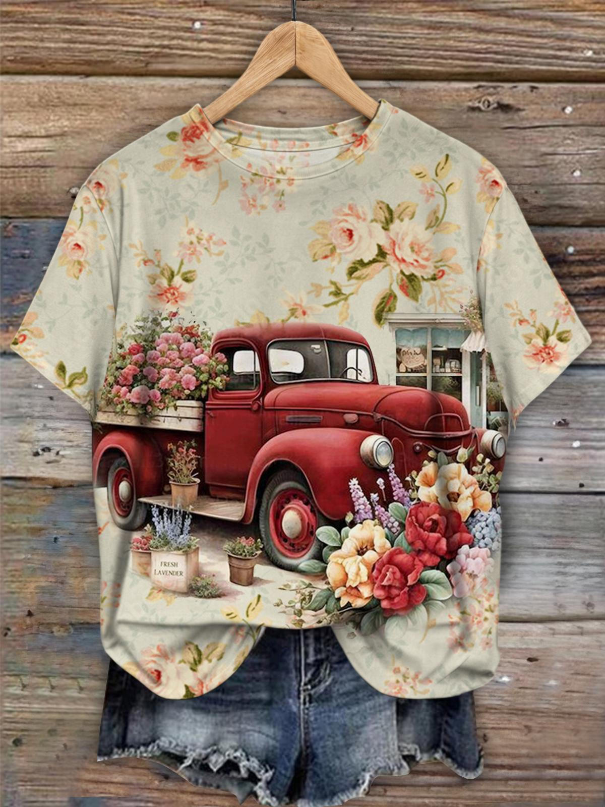 Vintage Floral Trucker Print Casual Top