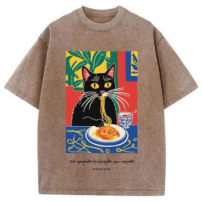 Cat Eating Ramen Vintage Washed Crew Neck T-Shirt