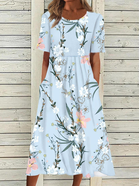 Floral Side Pockets Crew Neck Short Sleeves Dress
