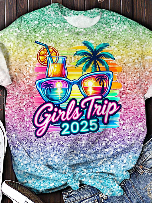 シスターズ トラベル バケーション スパンコールプリント クルーネック Tシャツ