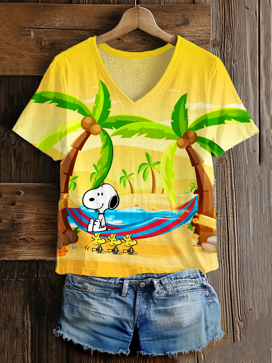 Fun Beach Lazy Vacation Snoopy V-neck T-Shirt